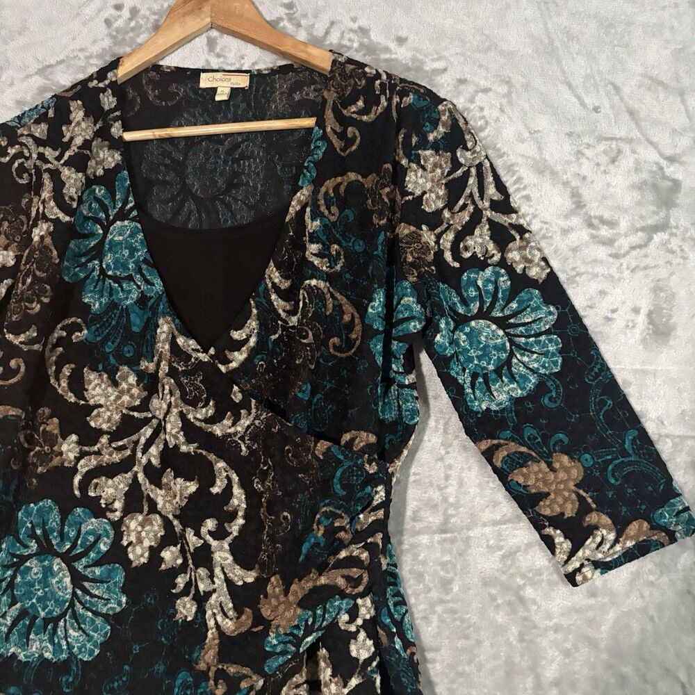 VTG Choices Petite Y2K Whimsigoth Floral Paisley Sparkle Wrap Top PL Blue Gold